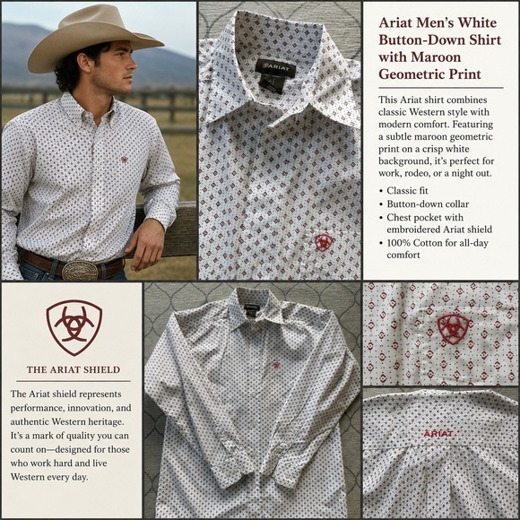 Ariat Other - Ariat Button Down Shirt Men Small White Red Geometric Print Cowboy Western Rodeo